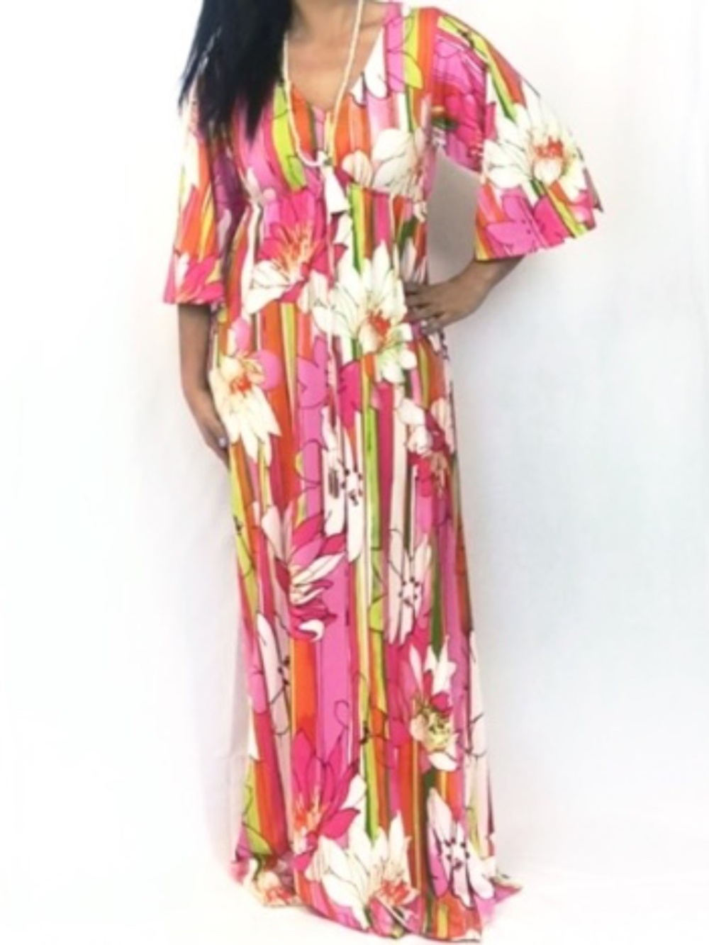 Half Moon by Modern Movement Pink Floral Boho Bell Sleeve Maxi Dress Size S
